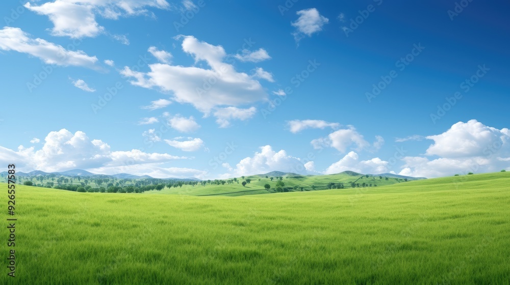 A serene landscape featuring lush green fields under a bright blue sky with fluffy clouds. A serene landscape featuring lush green fields under a bright blue sky with fluffy clouds.