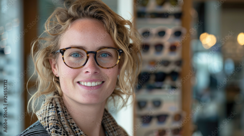 A smiling young Caucasian woman tries on glasses, standing in front of a display of various eyeglass frames in an optometry shop. A smiling young Caucasian woman tries on glasses, standing in front of a display of various eyeglass frames in an optometry shop.