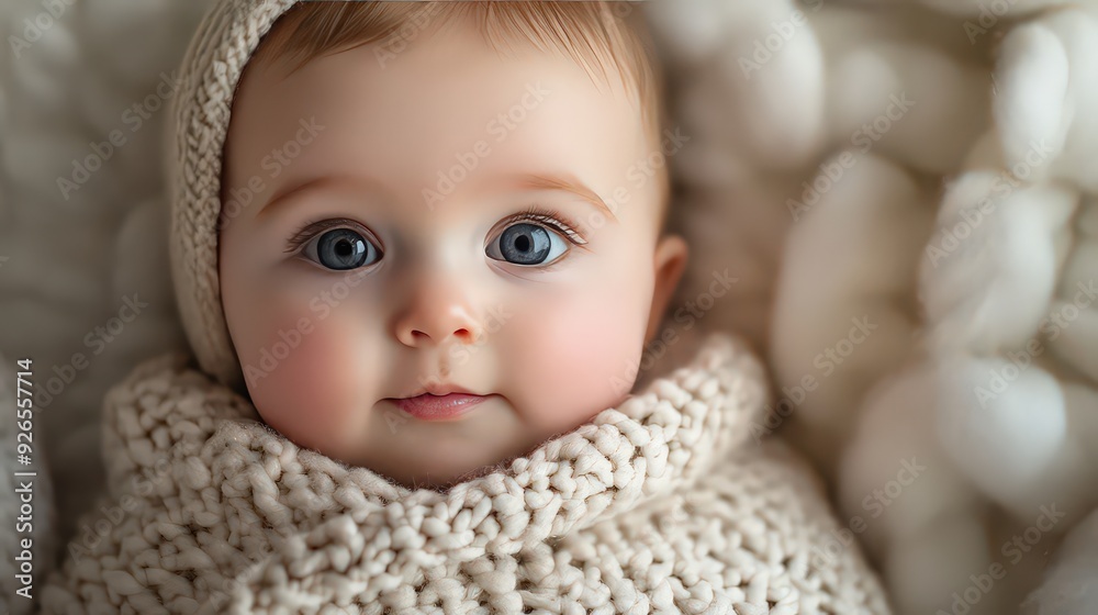 close-up portrait of an adorable baby wrapped in a warm, knitted blanket, gazing with bright blue eyes. close-up portrait of an adorable baby wrapped in a warm, knitted blanket, gazing with bright blue eyes.