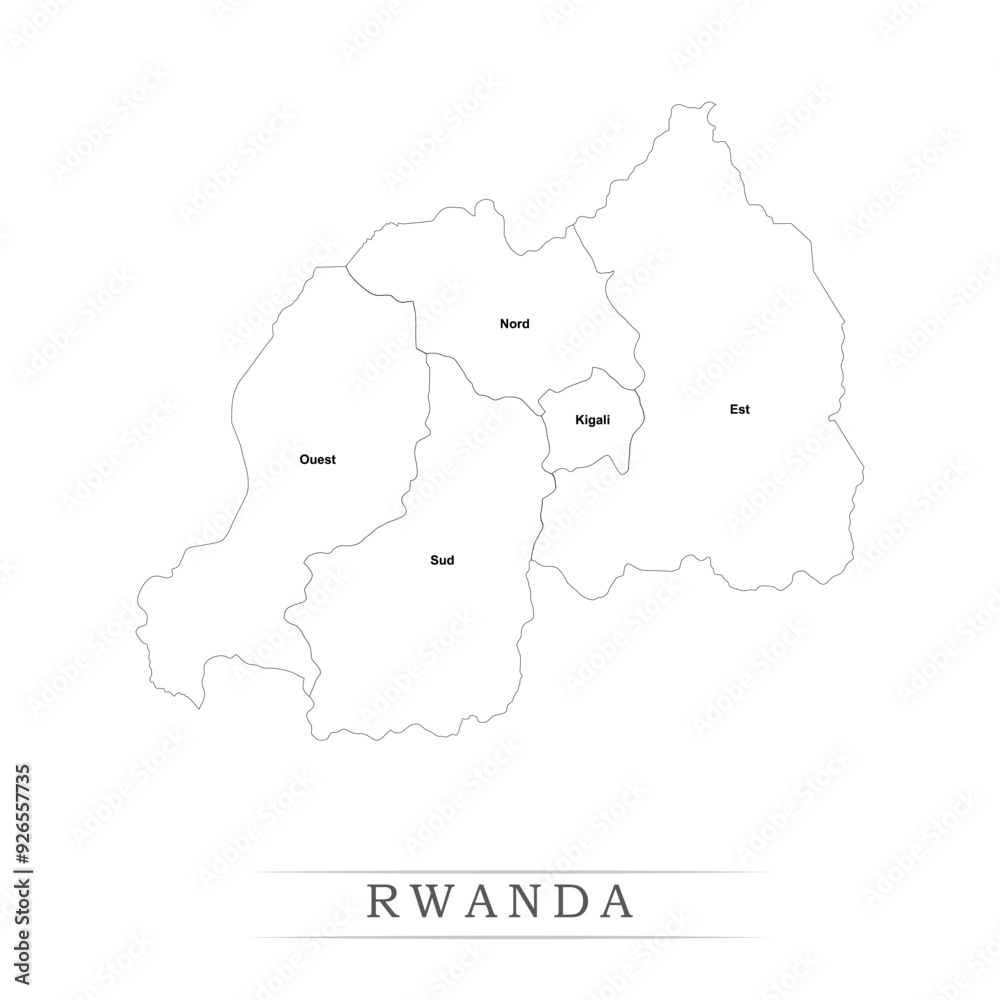 Administrative regions of RWANDA. Province, state, division name with white map with black outline. Vector illustration Administrative regions of RWANDA. Province, state, division name with white map with black outline. Vector illustration