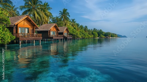 Tropical overwater bungalows nestled among lush palm trees, overlooking crystal-clear turquoise waters.

