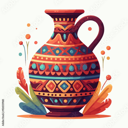 A colorful vase with a patterned design sits on a table. The vase is surrounded by green leaves and flowers, giving it a natural and vibrant appearance. Scene is cheerful and lively