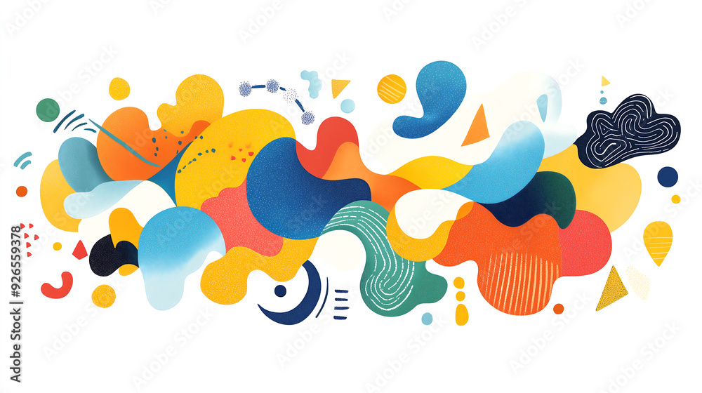 A vibrant composition of colorful abstract shapes and patterns on a white background A vibrant composition of colorful abstract shapes and patterns on a white background