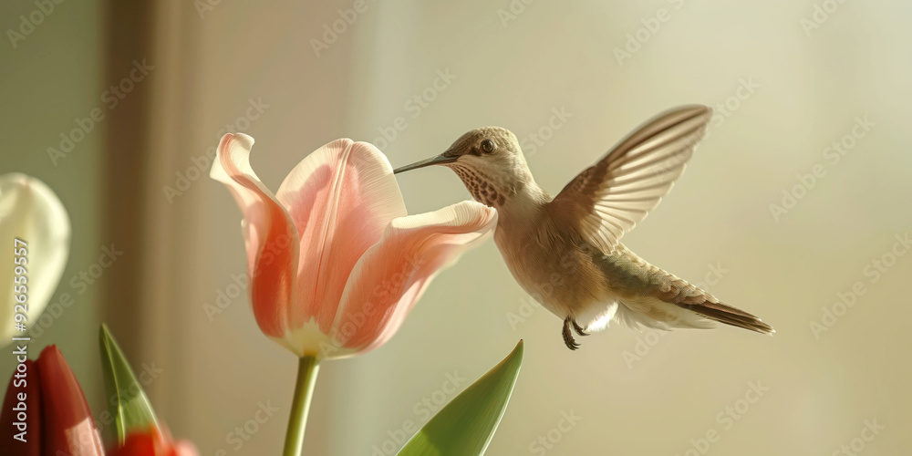 Naklejka premium Hummingbird Hovering Near Pink Tulip in Soft Morning Light - Spring Wildlife Photography