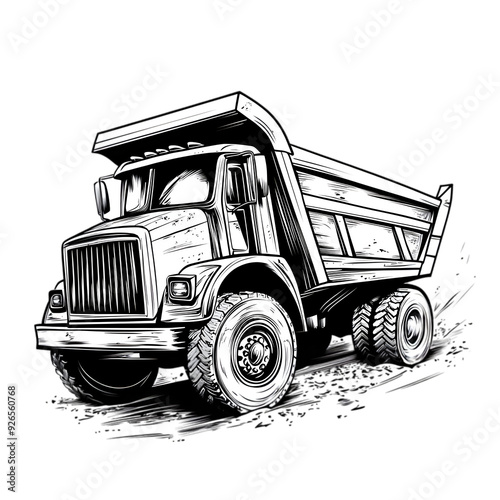 A black and white illustration of a dump truck, with tires in motion, driving on a dirt road.