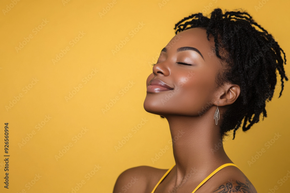 A close up of a tattooed black woman's face with her eyes closed A close up of a tattooed black woman's face with her eyes closed