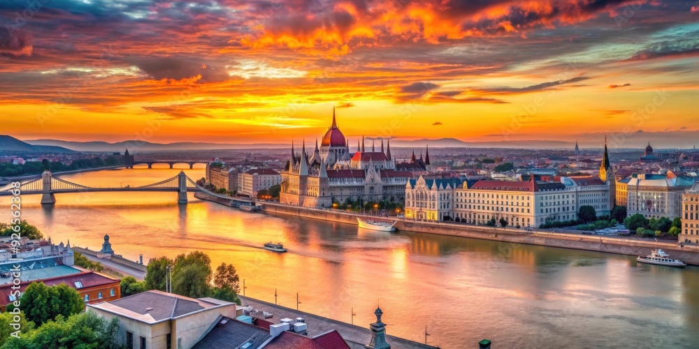 Fototapeta premium Vibrant summer sunset over Budapest skyline, Budapest, Hungary, summer, sunset, cityscape, skyline, architecture, Danube River