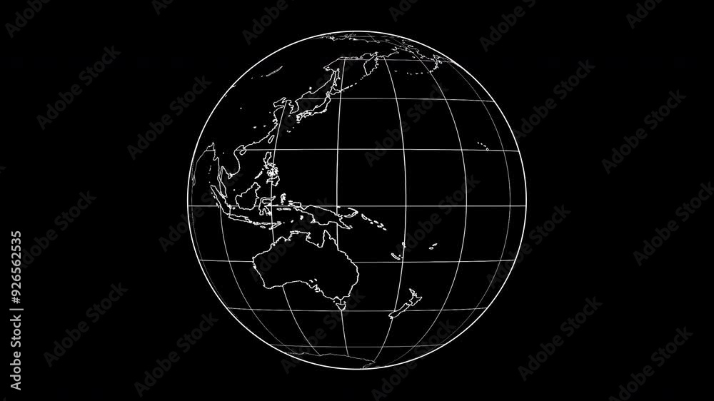 World globe map spinning in white lines on a black background. 3D planet Earth map rotating in seamless loop. Concept of technology, engineering, and science.