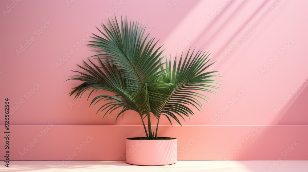 A potted palm plant against a pink wall, creating a vibrant and stylish interior decor. A potted palm plant against a pink wall, creating a vibrant and stylish interior decor.
