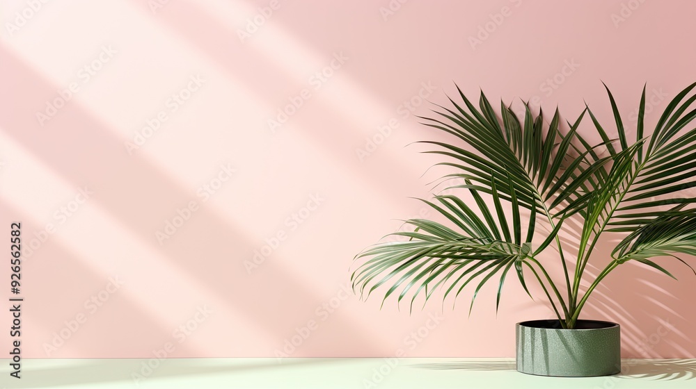 A green palm plant in a modern pot against a soft pink wall with shadows. A green palm plant in a modern pot against a soft pink wall with shadows.