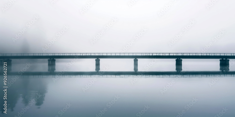 Fototapeta premium Misty Bridge Reflection Over Calm Water on a Foggy Morning