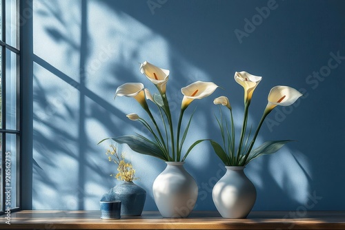 elegant triptych calla lilies rendered in delicate blue and gold brushstrokes minimalist white frames sophisticated gallery wall aesthetic