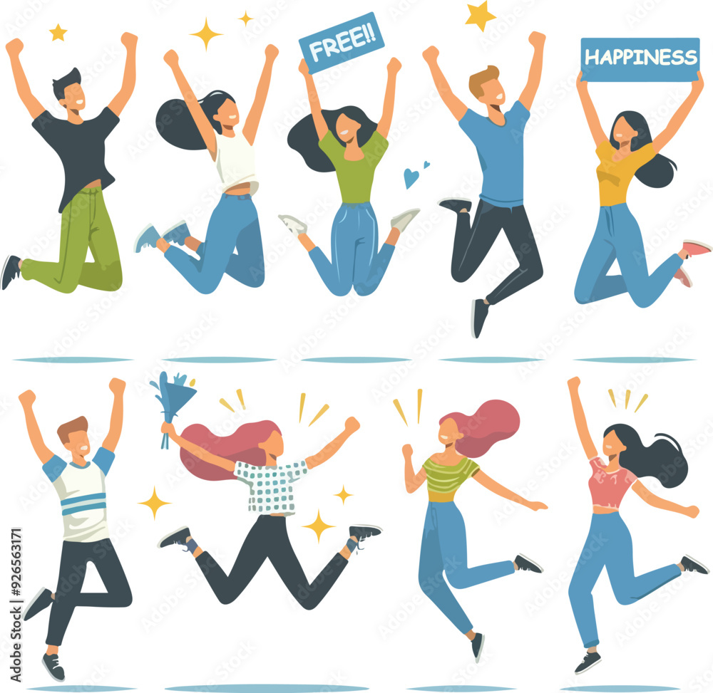 Happy characters jumping for joy, and fu. Young excited people celebrating success, achievement. Free active men, women with positive energy. Flat vector illustrations set isolated on white background Happy characters jumping for joy, and fu. Young excited people celebrating success, achievement. Free active men, women with positive energy. Flat vector illustrations set isolated on white background