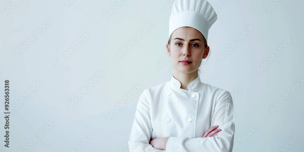 Confident Female Chef in Uniform with Crossed Arms Facing Camera Against Plain Background Confident Female Chef in Uniform with Crossed Arms Facing Camera Against Plain Background