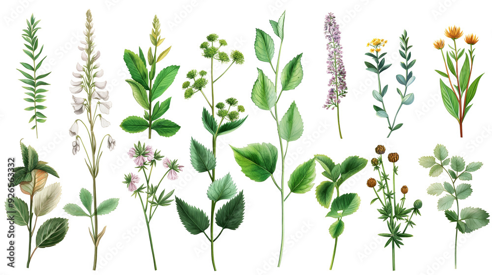 Botanical Illustration of Green Leaves and Flowers Collection on White Background Botanical Illustration of Green Leaves and Flowers Collection on White Background