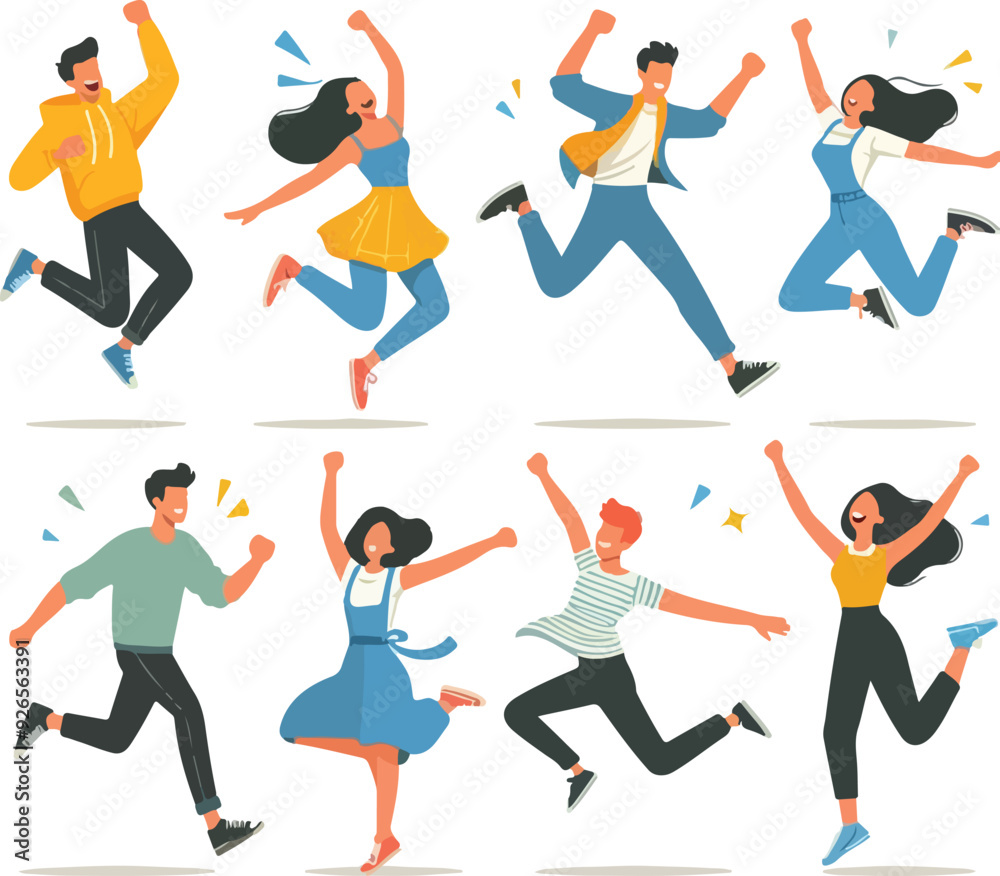 Happy characters jumping for joy, and fu. Young excited people celebrating success, achievement. Free active men, women with positive energy. Flat vector illustrations set isolated on white background Happy characters jumping for joy, and fu. Young excited people celebrating success, achievement. Free active men, women with positive energy. Flat vector illustrations set isolated on white background