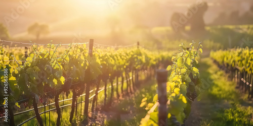 Idyllic Vineyard at Sunset with Golden Light Illuminating the Green Rows photo