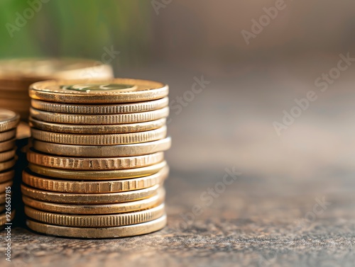 Stacks of gold coins on wooden surface, representing wealth and prosperity.