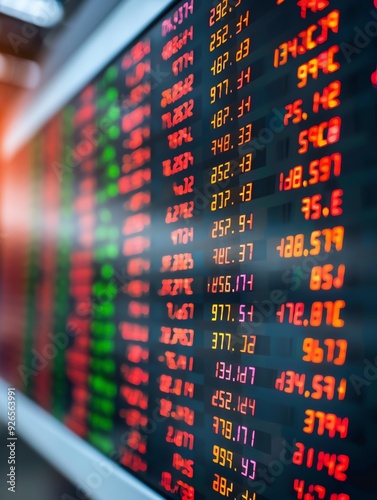 Close-up of a stock ticker with red and green numbers flashing. photo