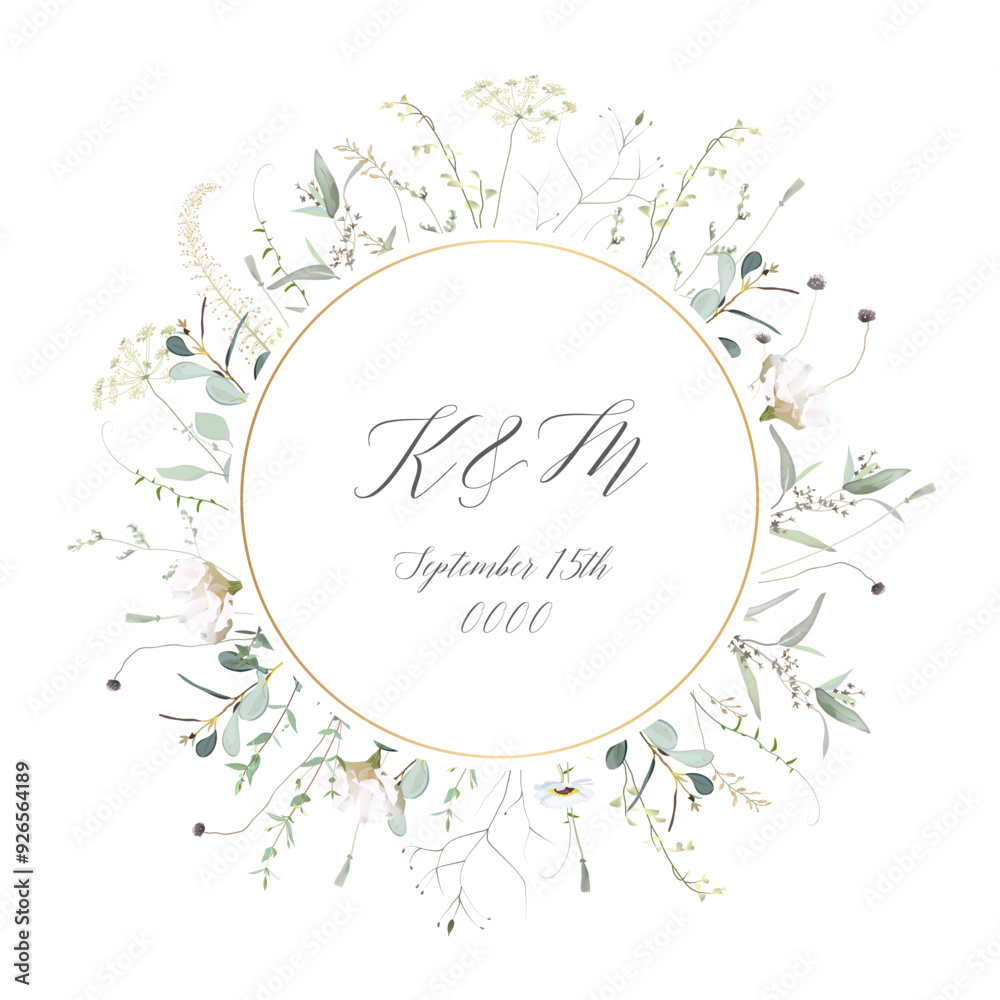 Herbs, branches and wildflowers vector frame. Hand painted branches, leaves on white background. Greenery wedding simple minimalist invitation.Watercolor style card. Elements are isolated and editable Herbs, branches and wildflowers vector frame. Hand painted branches, leaves on white background. Greenery wedding simple minimalist invitation.Watercolor style card. Elements are isolated and editable