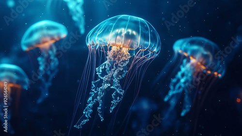 A mesmerizing underwater scene with a group of jellyfish glowing softly in the dark ocean depths