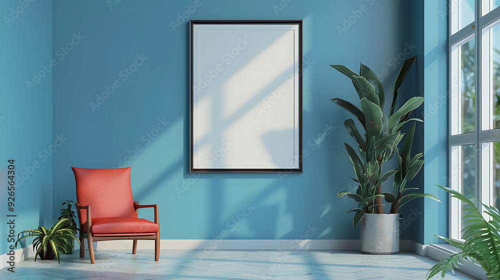 A red armchair sits in a corner of a room with a blank canvas, a potted plant, and a window casting sunlight onto the blue walls. A red armchair sits in a corner of a room with a blank canvas, a potted plant, and a window casting sunlight onto the blue walls.