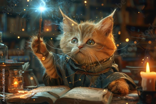 A charming orange cat dressed as a wizard, holding a wand with glowing magic, surrounded by books and candles in a mystical setting.