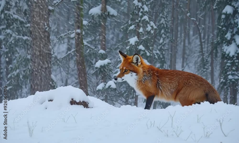 Fox in winter. Red fox, Vulpes vulpes, sniffs about prey on forest meadow in snowfall