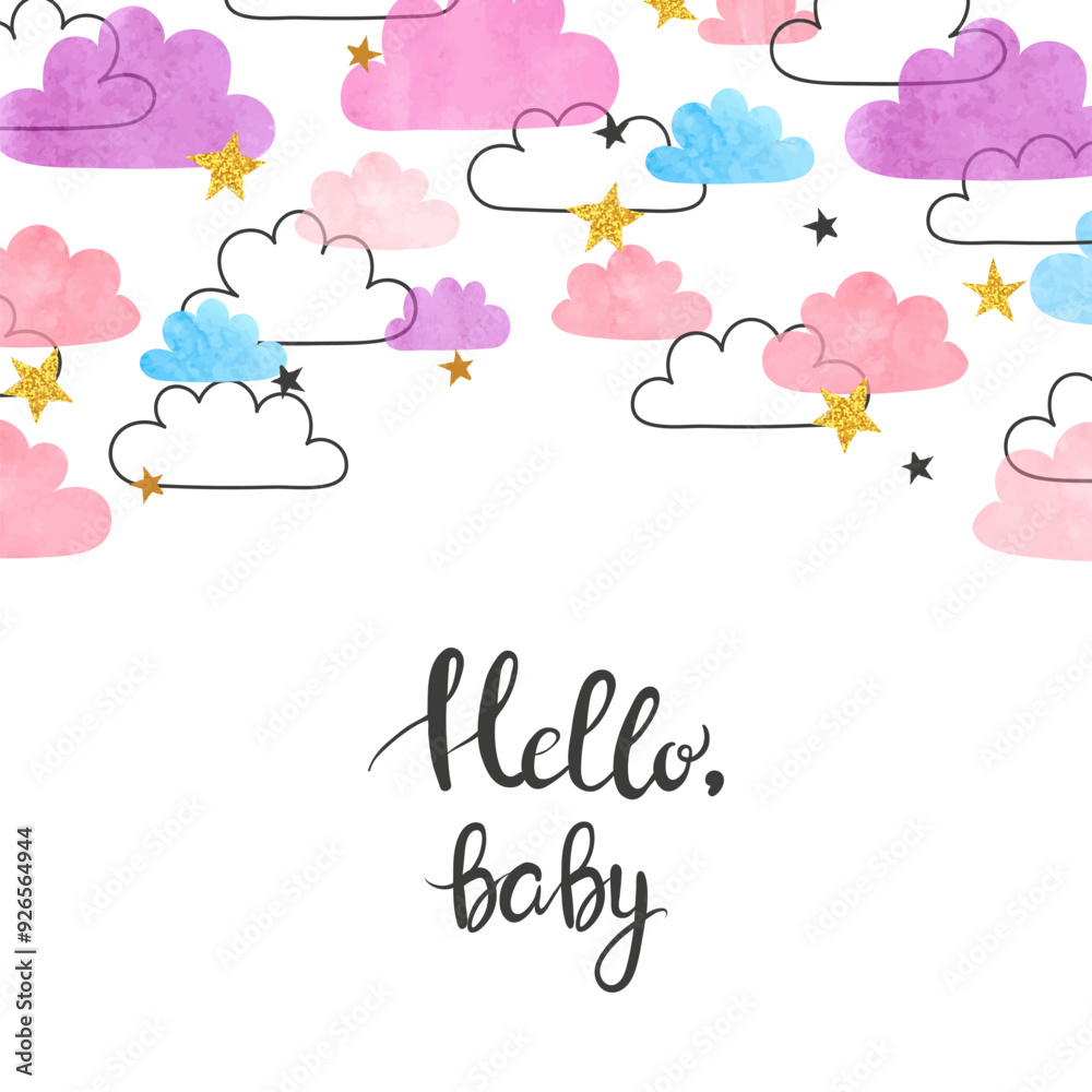 Baby Shower card design with colorful clouds and stars. Vector illustration Baby Shower card design with colorful clouds and stars. Vector illustration