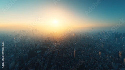 Golden rays illuminate the vast cityscape, casting a warm glow over towering buildings and the horizon as dawn breaks