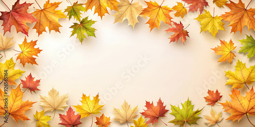 An autumn-themed banner template whith a variety of colorful fall leaves arranged on a soft beige background. Ideal for seasonal sales promotions, marketing campaigns and decorative prints.