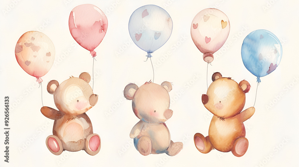 Watercolor Illustration set of baby bear and ball Watercolor Illustration set of baby bear and ball