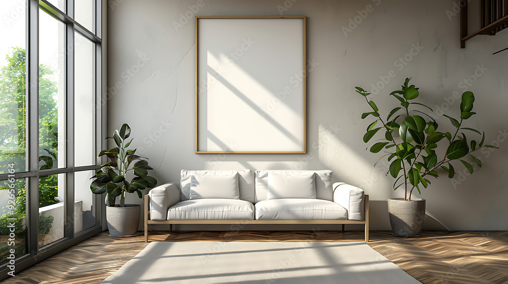A modern living room with a white couch, a large framed picture, and plants in pots. Sunlight streams through the window. A modern living room with a white couch, a large framed picture, and plants in pots. Sunlight streams through the window.