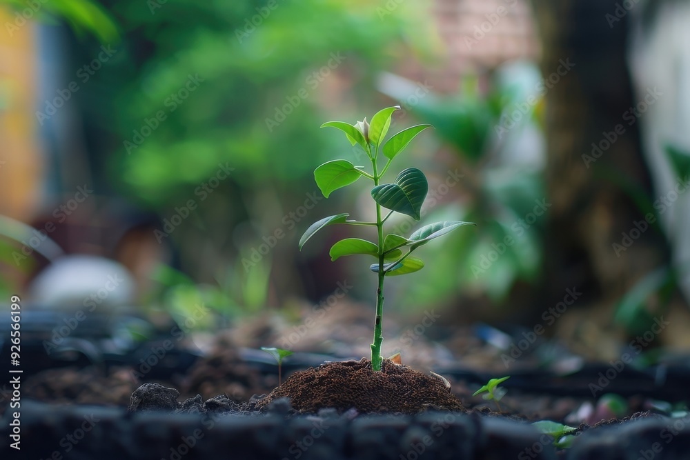 A small green plant sapling growing in rich soil with a blurry background of nature.