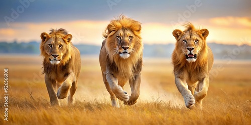 Three majestic lions running together in the savannah, lions, wildlife, animals, safari, majestic, powerful, speed, strength, pride