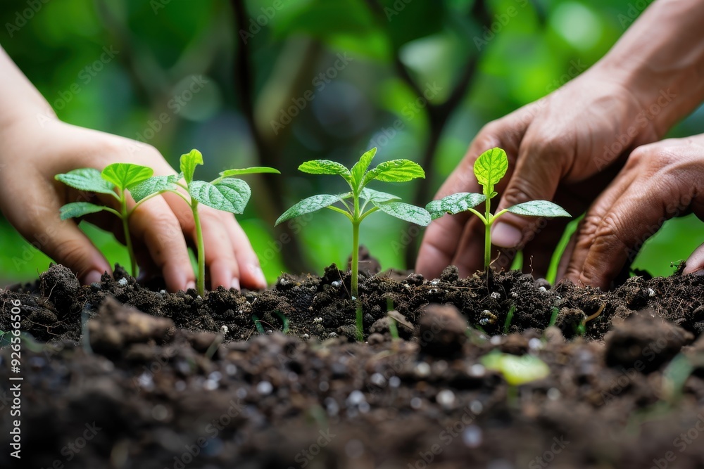 Hands gently planting young seedlings in rich, dark soil, symbolizing growth and nurturing. Hands gently planting young seedlings in rich, dark soil, symbolizing growth and nurturing.