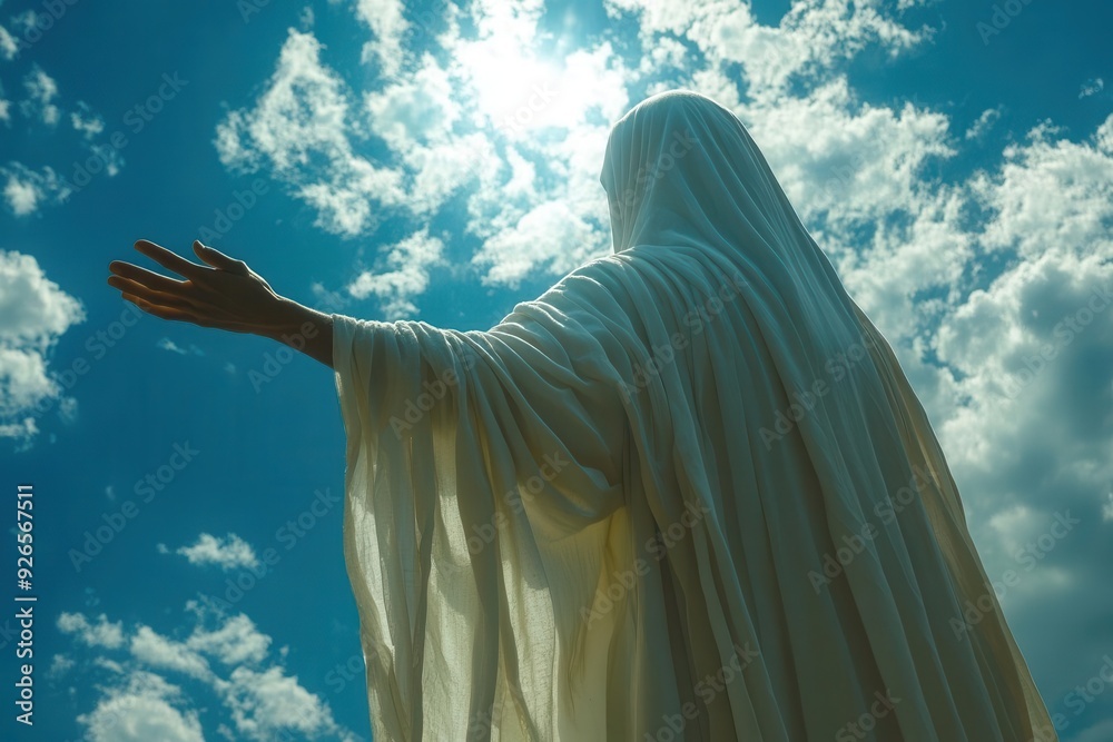 spiritual outreach concept serene figure in white robes extends hand invitingly silhouetted against radiant sky symbolizing compassion and guidance spiritual outreach concept serene figure in white robes extends hand invitingly silhouetted against radiant sky symbolizing compassion and guidance