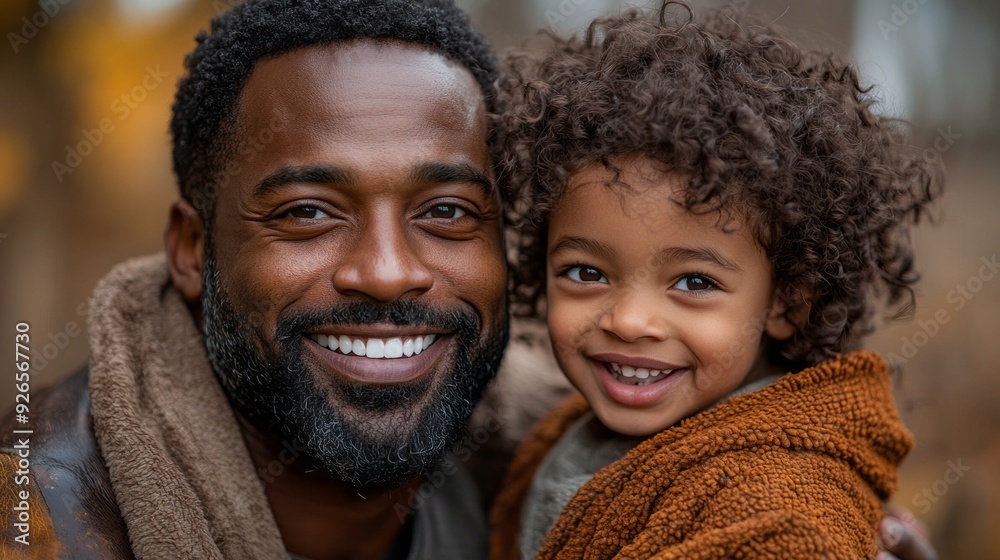 A father and son share a warm embrace, laughing joyfully outdoors under the golden light of a beautiful autumn afternoon