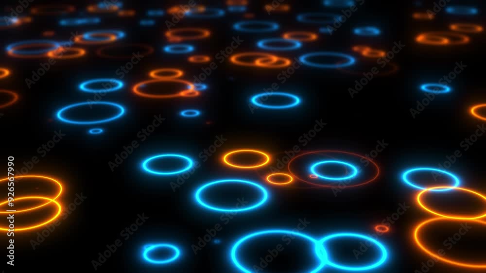 Vibrant neon circles abstract futuristic hi-tech motion background. Video loop animation. 3d render, Neon rain. Luminous raindrops, ring shapes, empty space, ultraviolet light, 80's retro style Vibrant neon circles abstract futuristic hi-tech motion background. Video loop animation. 3d render, Neon rain. Luminous raindrops, ring shapes, empty space, ultraviolet light, 80's retro style
