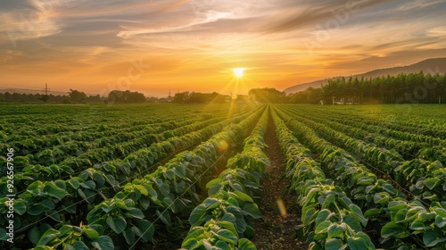 Vibrant rows of lush green crops in a field at sunset with a golden sky.