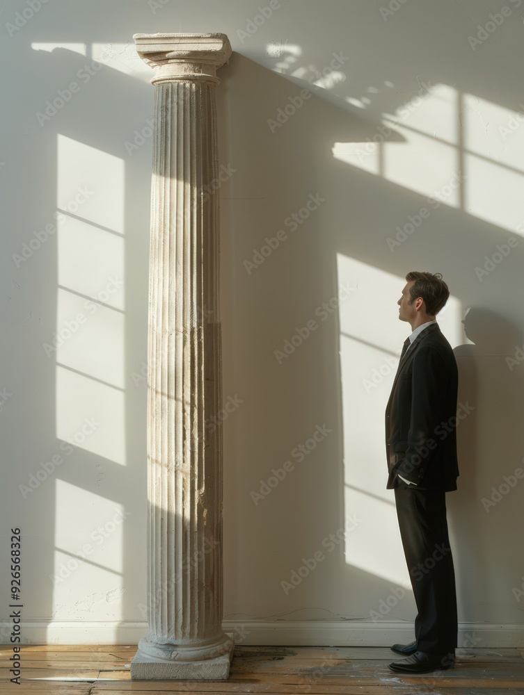 Businessman in Formal Attire Standing Next to Ancient Column in Sunlit Room with Shadows Businessman in Formal Attire Standing Next to Ancient Column in Sunlit Room with Shadows
