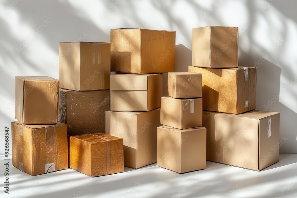still life composition varied cardboard boxes stacked different sizes and shades subtle shadows and textures clean white background focus on geometric forms and packaging design still life composition varied cardboard boxes stacked different sizes and shades subtle shadows and textures clean white background focus on geometric forms and packaging design