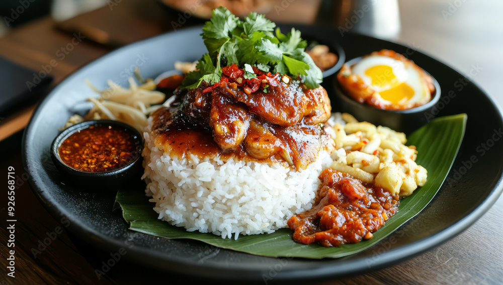 Traditional Malay spicy rice dish known as Nasi Lemak served on banana leaf plate Traditional Malay spicy rice dish known as Nasi Lemak served on banana leaf plate