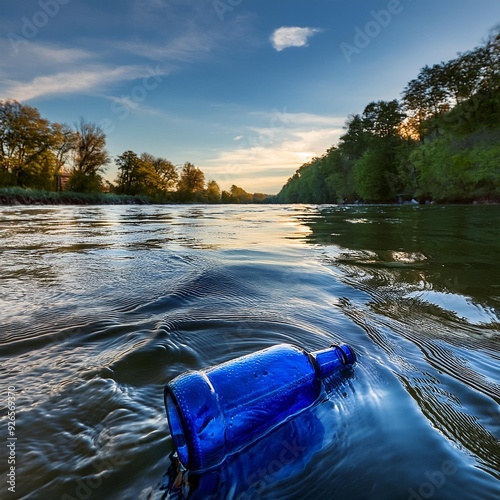 A blue glass bottle drifts along the Main River, bound for the Atlantic Ocean. It's not a plastic bottle, but it still represents our wasteful ways. A grim reminder of the trash we accumulate. photo