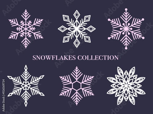 Set of white and pink snowflakes for Christmas card. Winter seasonal decorartive element photo