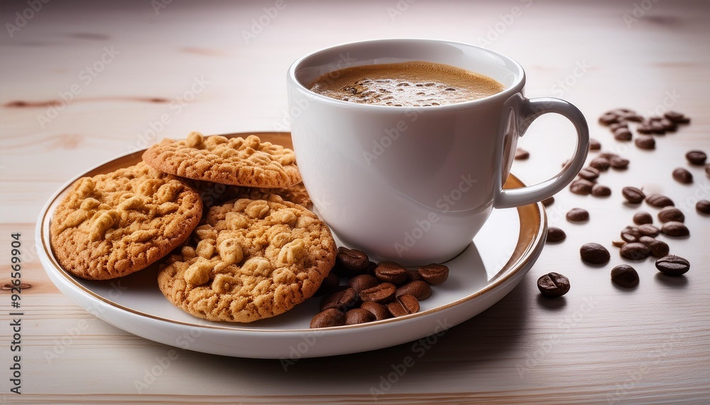 A cup of coffee with cereal and cookies on a plate. A cup of coffee with cereal and cookies on a plate.
