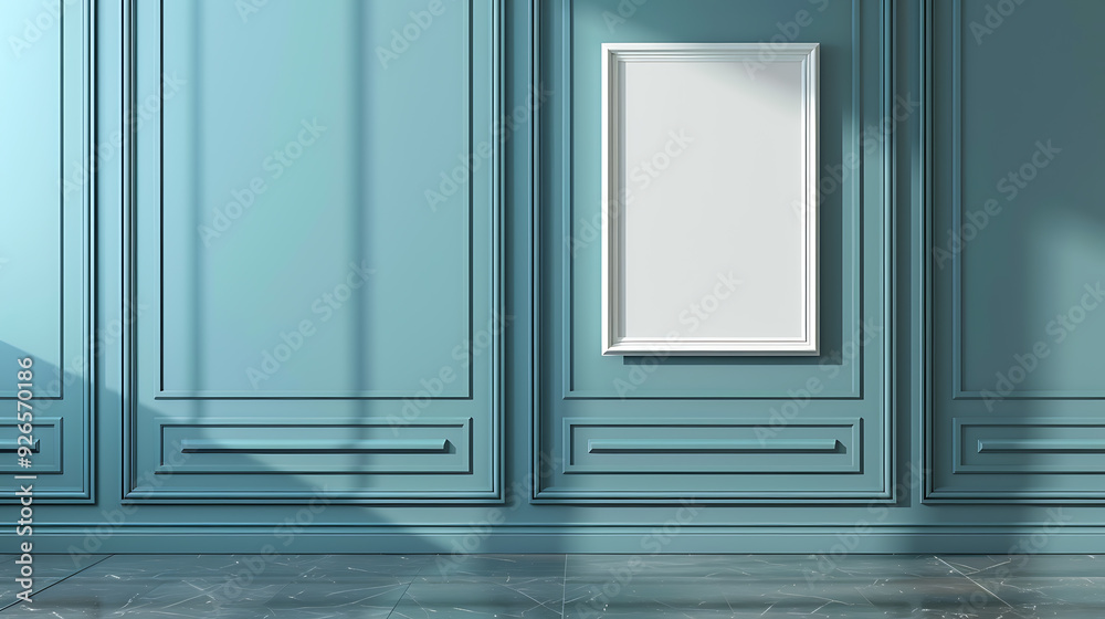 A blank frame on a teal wall with ornate molding. The wall is illuminated by a soft, natural light. A blank frame on a teal wall with ornate molding. The wall is illuminated by a soft, natural light.