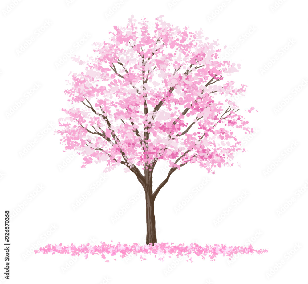 Fototapeta premium pink cherry tree, Vector watercolor blooming flower tree or forest side view isolated on white background for landscape and architecture drawing,elements for environment or and garden,Sakura tree 