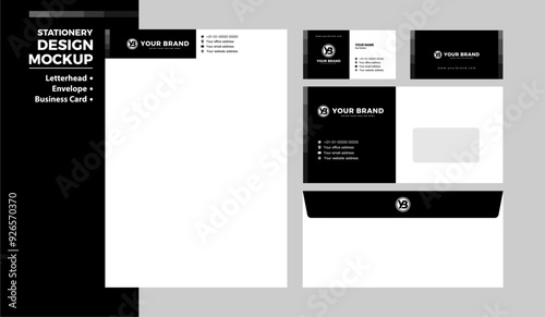 Black corporate stationery design, corporate trademark identity design. Letterhead, envelope and business card mockup design