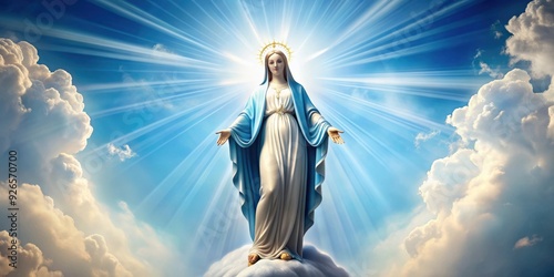 Blessed Virgin Mary in the sky with rays of light emanating from her